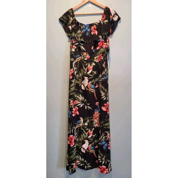 New Tropical Floral Bird Flutter Sleeve Maxi Dress Sz L Vacation Resort - Picture 1 of 8